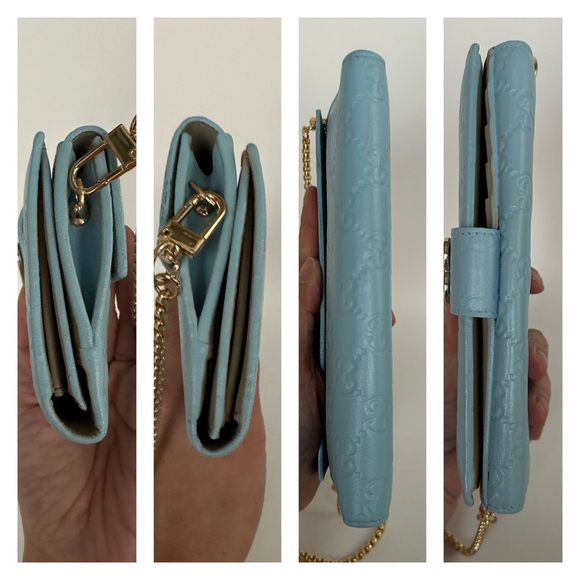 💯 GUCCI Heart Baby Blue Monogram Leather Wallet on Gold Chain w/ auth cert - Picture 9 of 13